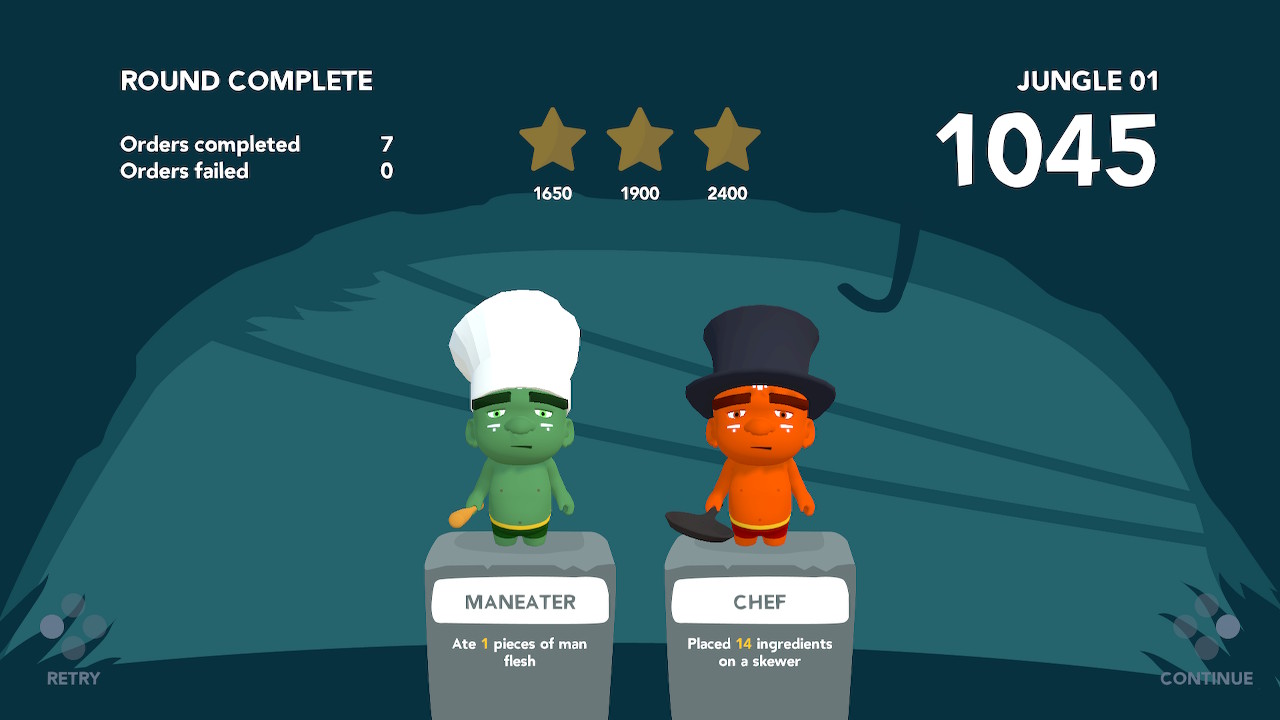 Two player characters are shown side-by-side, one labelled "maneater", the other "chef"