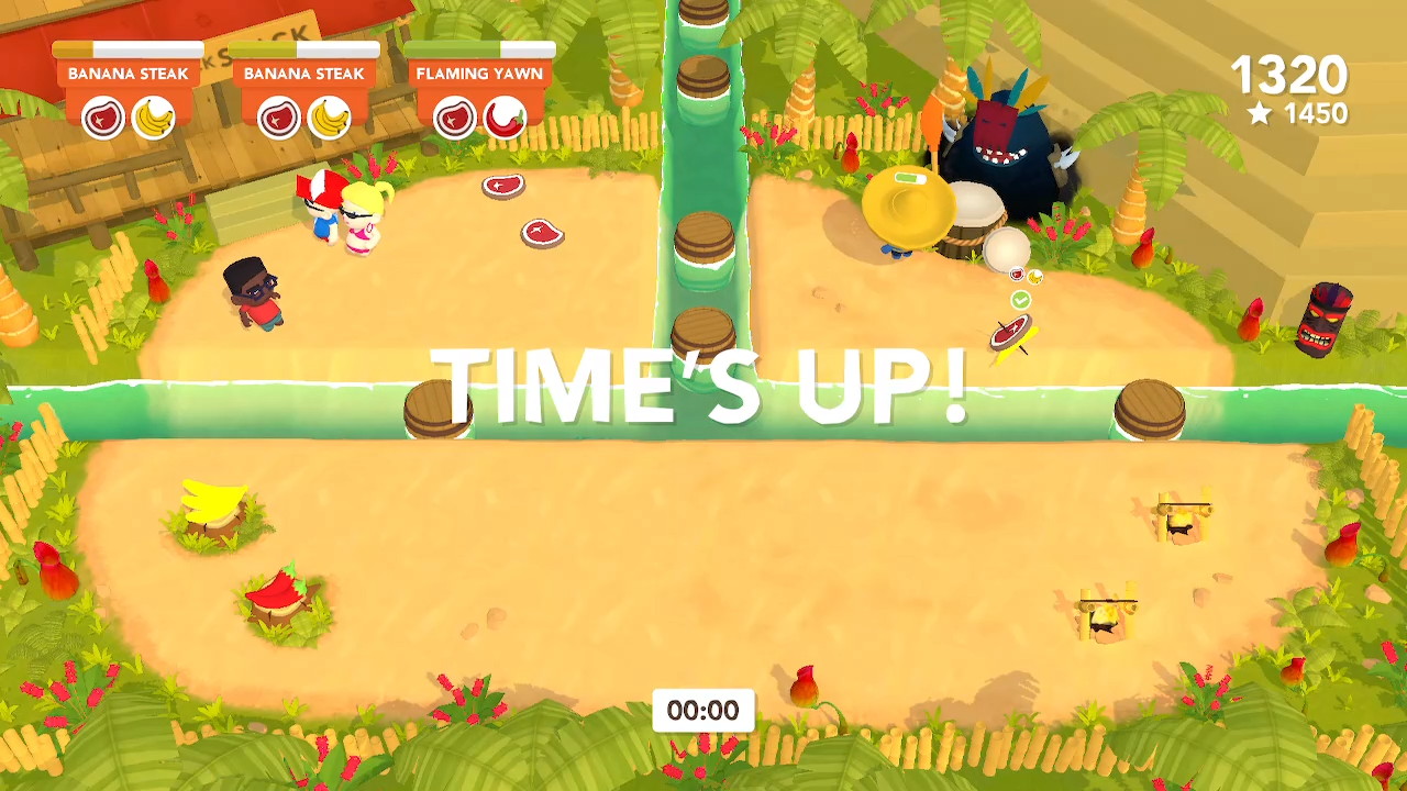 The text "time's up" is shown in big letters in the middle of the screen whilst a completed meal lies uneaten on the floor