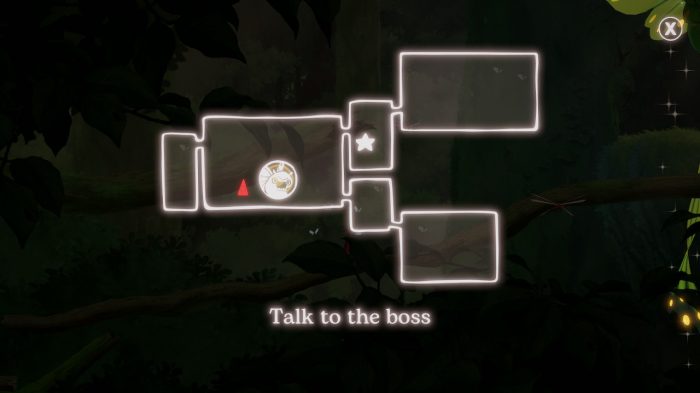 Screenshot: On a dark background, rough, white lines create the outline of a map. A caption reads "Talk to the boss", referring to the location of the current target.