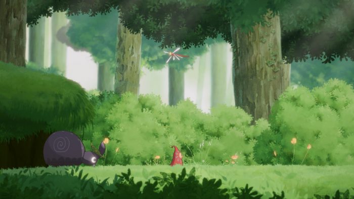Screenshot: Behind the player stands a large snail. In the background are trees, bushes, and an insect with long, thin wings and a long, thin body.