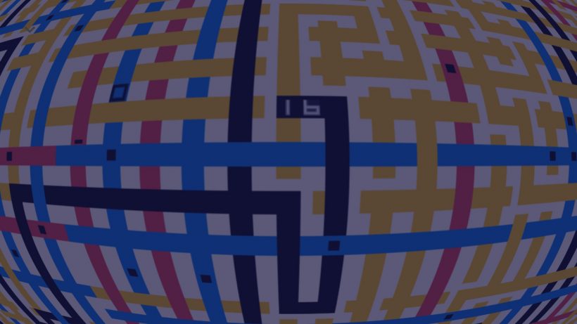 A closeup view of coloured grid lines that are heavily distorted
